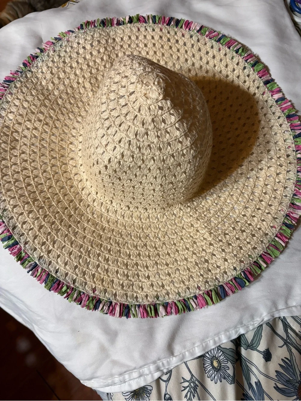 Wide Brim Straw Sun Hat with Pink & Green Trim